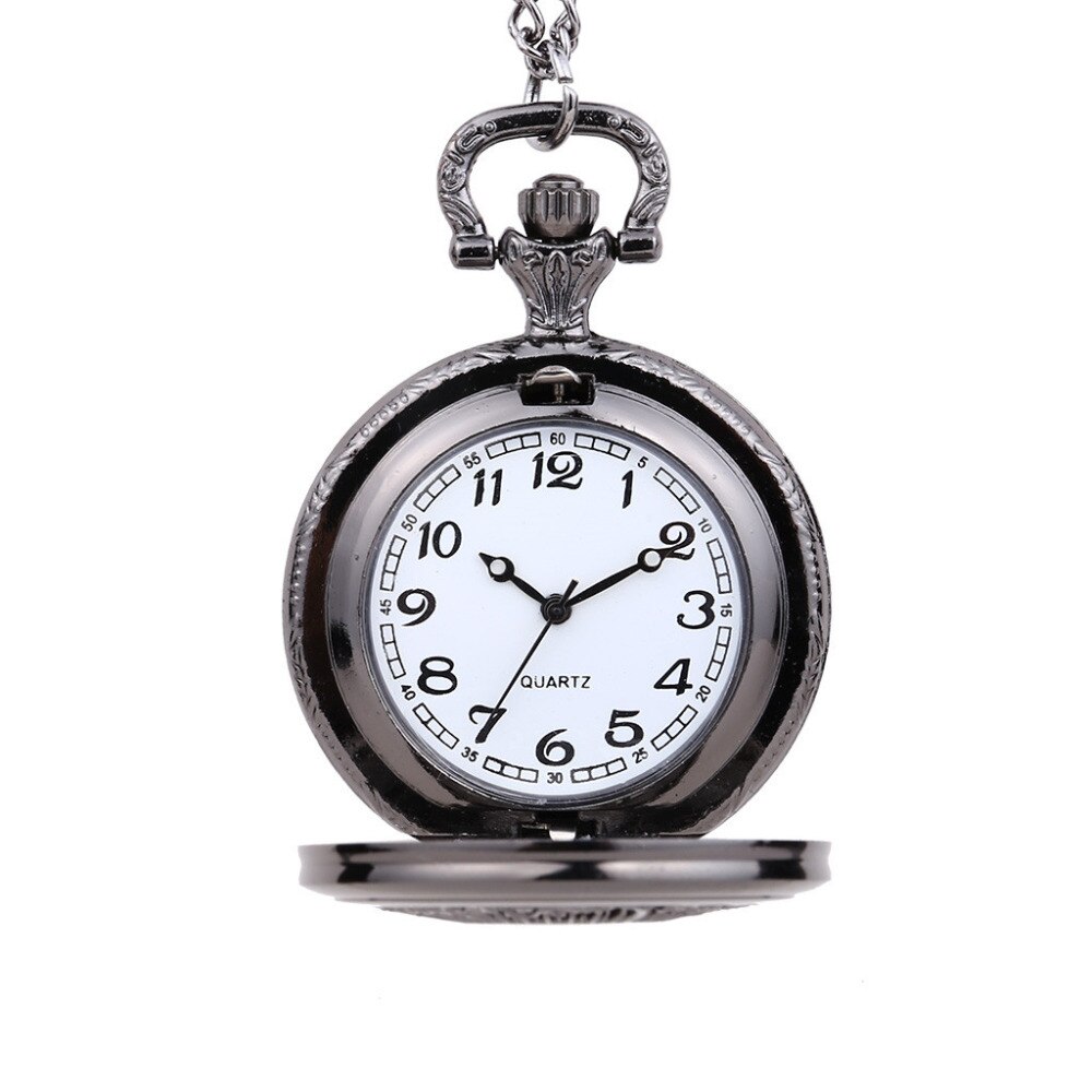 Gladde zwarte/zilveren kast quartz zakhorloge, volledig jachtdoos dames heren fob horloge klok relogio de bolso  #4 m 14