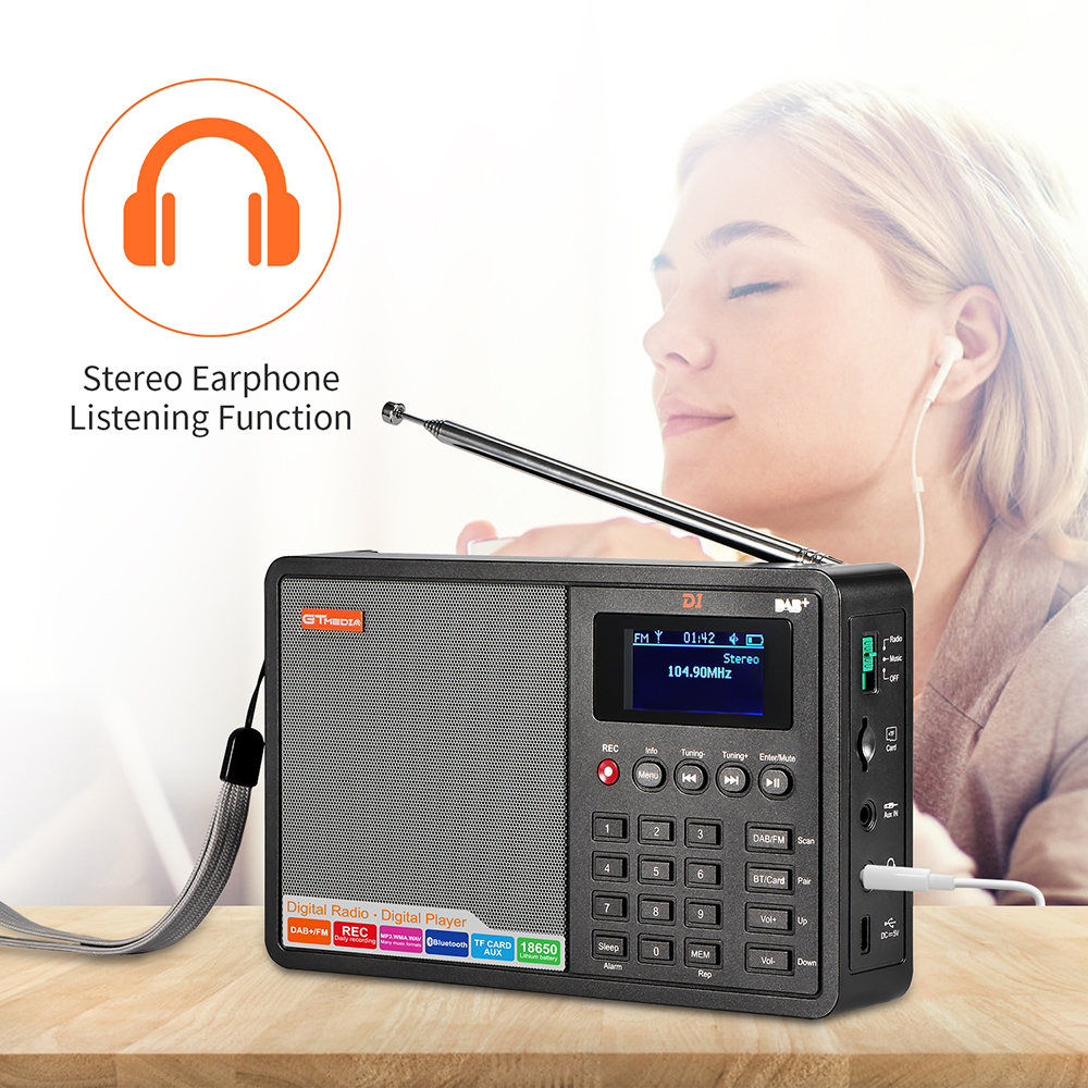 GTMEDIA D1 DAB/FM Przenośne radio Obsługa kart BT\TF Odtwarzacz cyfrowy Obsługa zegara/alarmu/zegara snu z zabezpieczeniem czasowym Wejście AUX