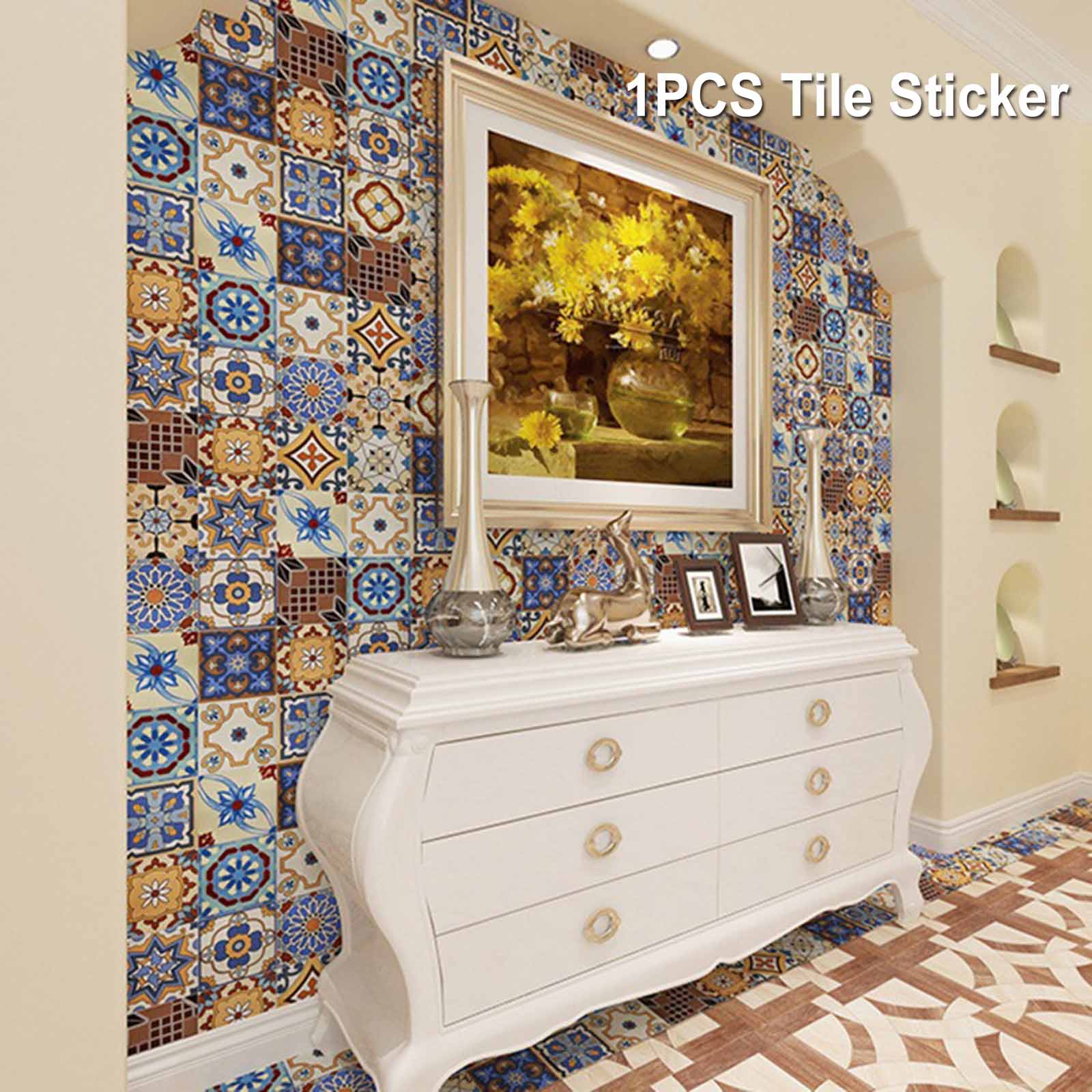 1PC Self Adhesive Retro Tile Stickers Waterproof PVC Removable Wall Stickers Decals DIY Wallpapers for Kitchen Bathroom Decor