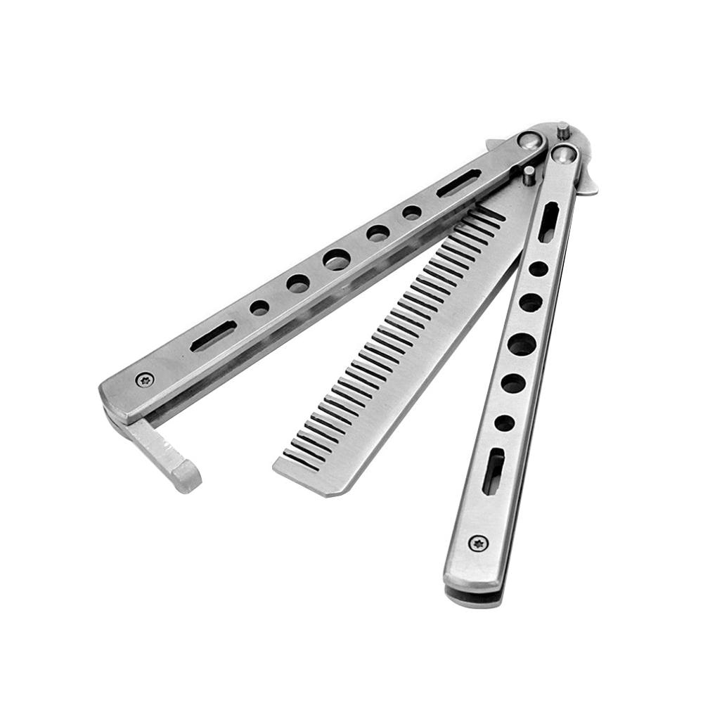 Navaja de práctica de mariposa de acero inoxidable plateado, cuchillo de entrenamiento plegable, cuchillo opaco, herramienta de campamento al aire libre, herramienta de Peine