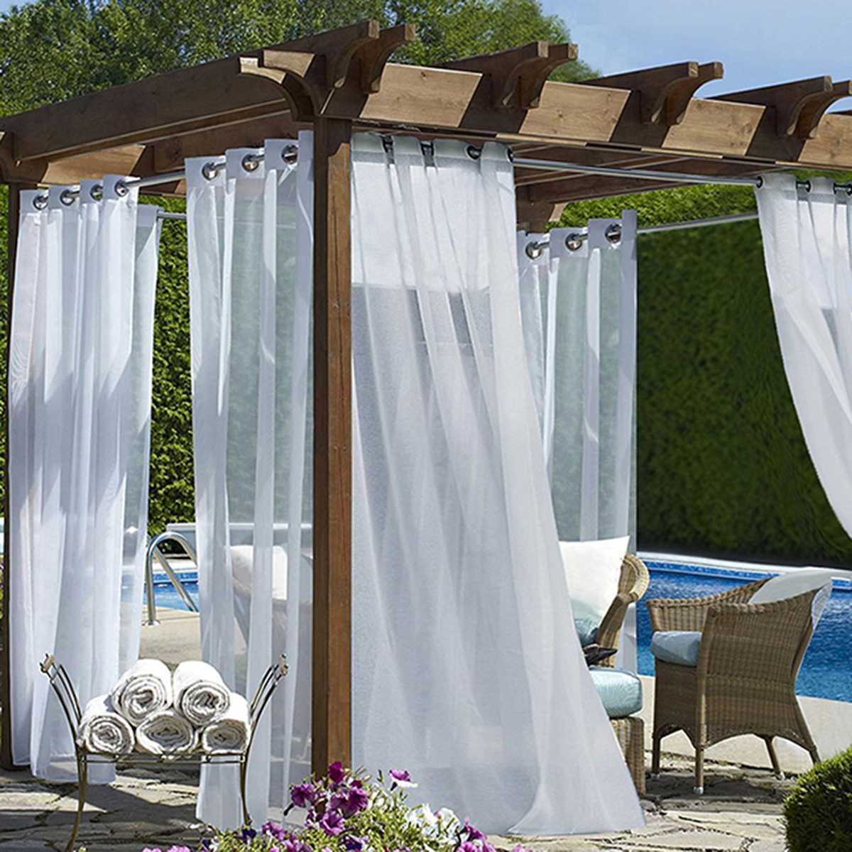 Waterproof Garden Decoration Outdoor Sheer Curtains For Porch Beach Patio Exterior Voile With Sliver Ring Gromme: white