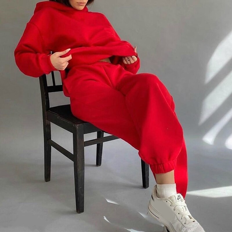 Ensemble de 2 pièces pour femmes, tenue d'automne et d'hiver, survêtement à manches longues, vêtements de sport pour dames, haut + pantalon, Jogging, à la ,: Rouge / XL