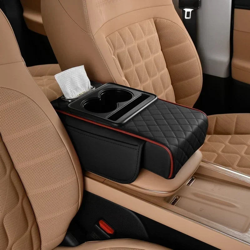 Caja de reposabrazos para coche, almohadilla de altura gruesa de 7,5 cm, cojín para reposabrazos con bolsillo, portavasos de tejido, soporte para codo de algodón con memoria, almohadilla de altura: Blanco