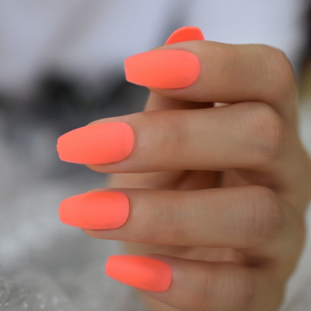 Néon Orange presse sur Ongles ballerine mat Faux Ongles couleur unie moyen manucure Art conseils avec onglets adhésifs
