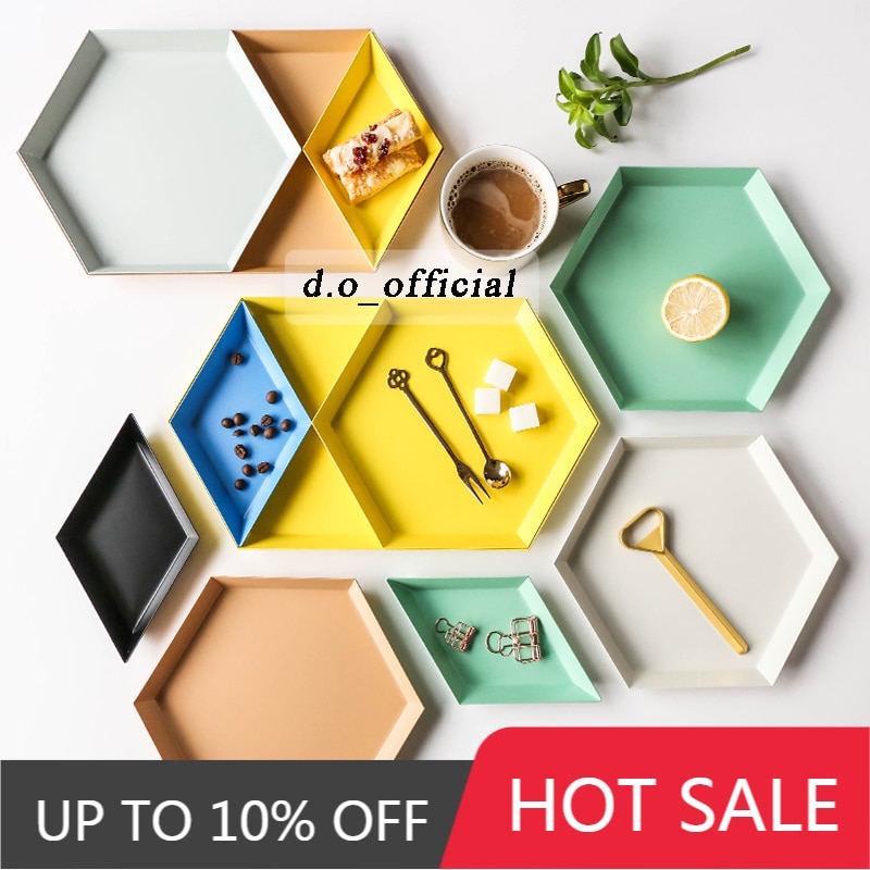 Coloré polygone bijoux plaque bureau combinaison plateau de rangement nordique géométrique diamant métal Hexagonal thé fruits bijoux plat