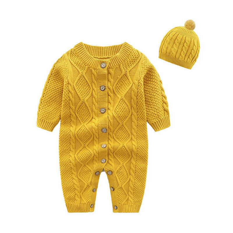 Nyfødt baby pige dreng sæt strikket knap romper jumpsuit hat 2 stk efterår vinter varmt tøj baby solide tøj 0-18m: Gul / 12m