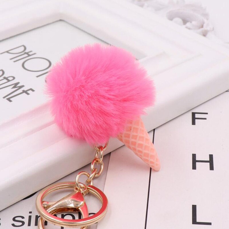 Cute ice cream Keychain Glitter Pompom Key Chain for Women Llaveros Mujer Car Bag Accessories Key Ring Wedding Souvenir: pink