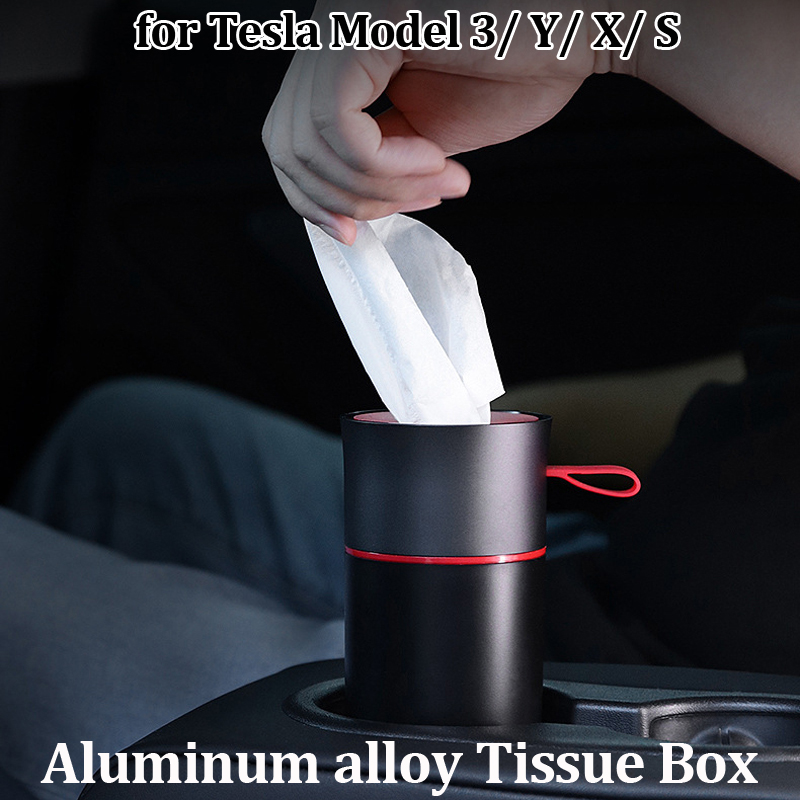 Auto Tissue Box Voor Tesla Model 3 Y X S Tissue Opbergdoos In Bekerhouder Aluminium Tissue Houder auto Interieur Accessoires