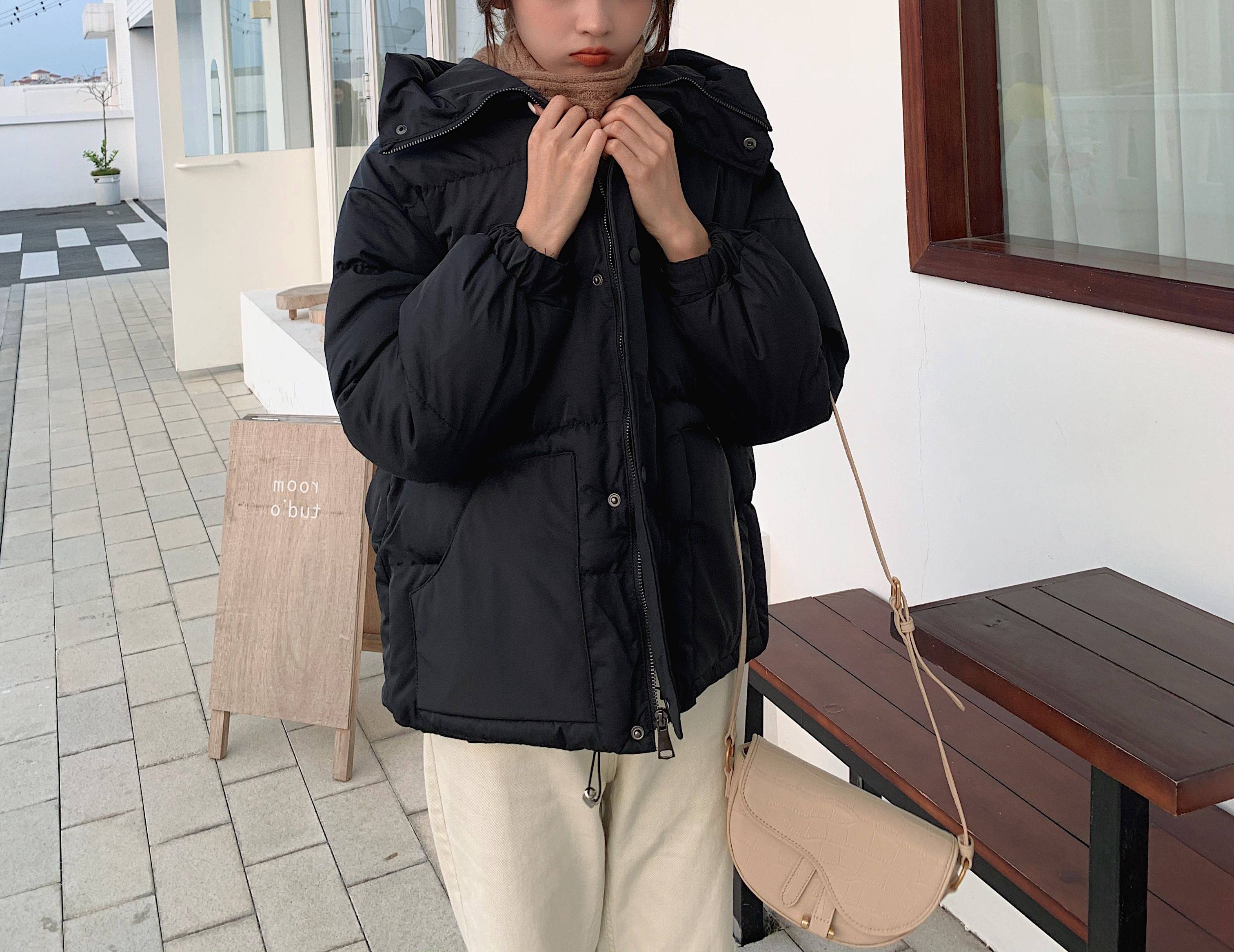 Warme winterjas dames zwarte parka zoete preppy stijl dikke losse korte katoenen gewatteerde jassen dames herfstjas: Zwart / M