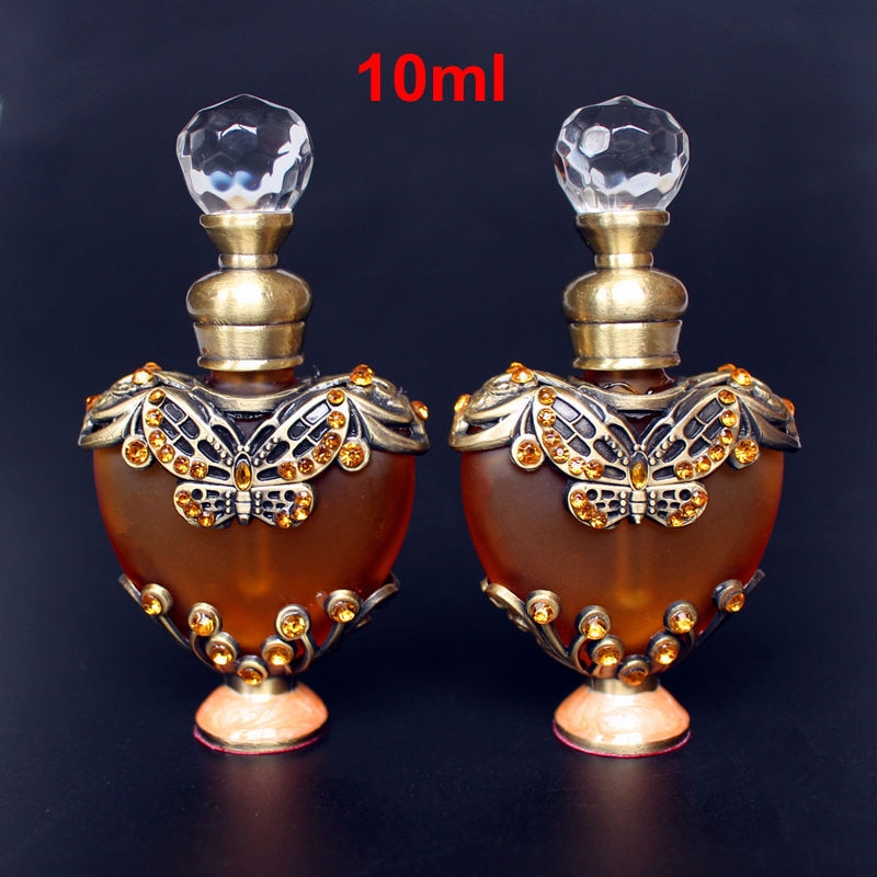 1 Pc 10 Ml Vintage Hart Vorm Metalen Parfumflesje Essentiële Oliën Fles Ambachtelijke Glazen Fles Met Glazen Pipet