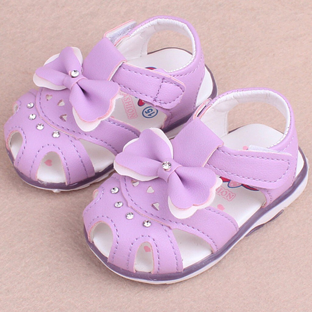 Princess Children's Sandal Girls Solid Color Tile Sun Bow Knot Lighting Beach Sandals Girls Shoes Cute Soft Shoes Sandal Shallow