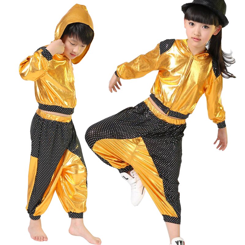 Mädchen Jungen Gold Silber Ballsaal Jazz Hüfte hüpfen tanzen Wettbewerb Kostüm Art Kleidung Kleidung Hoodie Shirt oben Hosen Tanzen Tragen