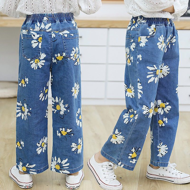2021 primavera autunno bambini ragazze Jeans stampa floreale Jeans pantaloni gamba larga ragazze moda ragazze pantaloni bambini vestiti Casual per ragazze
