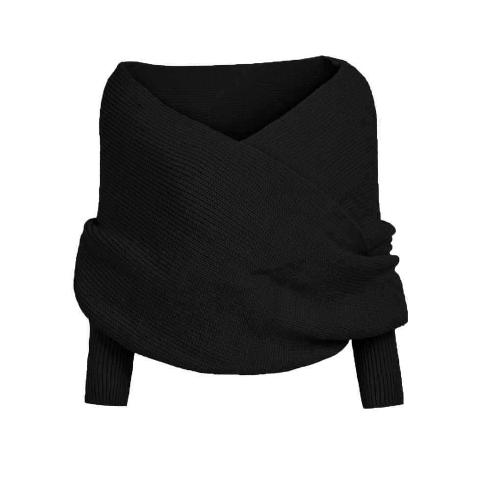 Solid Long Sleeve V-Neck Off shoulder Wrap Knitted Sweater Shawl Sweater Autumn Winter Casual Warm Outwear: Black