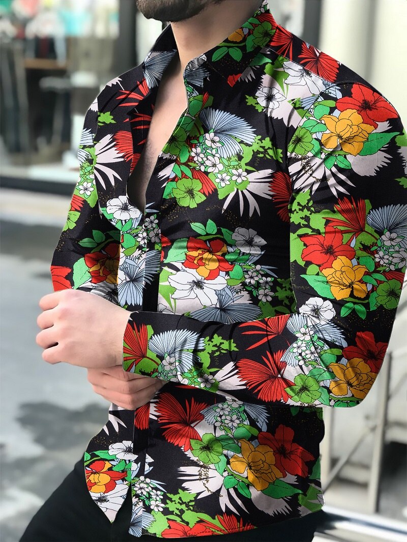 Camisas Florales De Manga Larga De Otoño De Para Hombres Camisas Estampadas Con Flores De Corte Delgado Para Hombres cami: Black / L