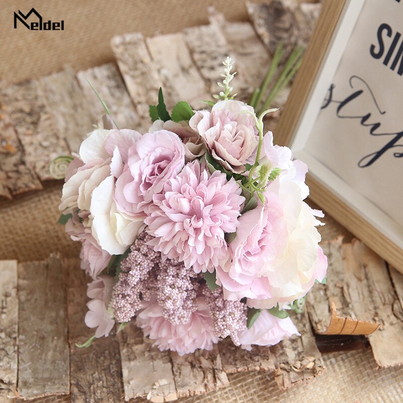 Meldel sztuczne róże piwonia bukiety ślubne dla druhen biały jedwab ślubny kwiat bukiet ślubny sztuczna dekoracja w kwiaty: purpurowy