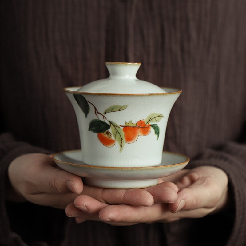 Large Jingdezhen Kiln Retro Ceramic Hand-painted Persimmon Kung Fu Gaiwan Handmade Porcelain Tea Tureen Office Tea Cup Drinkware