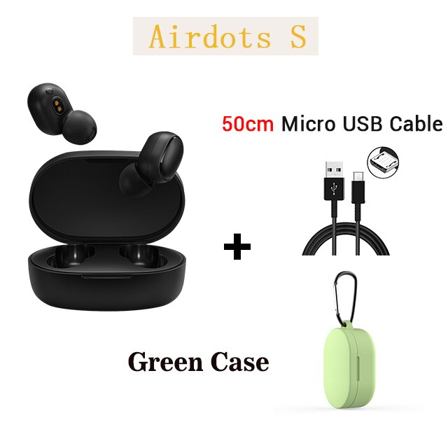 Original Xiaomi Redmi Airdots S TWS Noise reduction Bluetooth Earphone Stereo bass 5.0 With Mic Handsfree Earbuds AI Control: Add cable green case