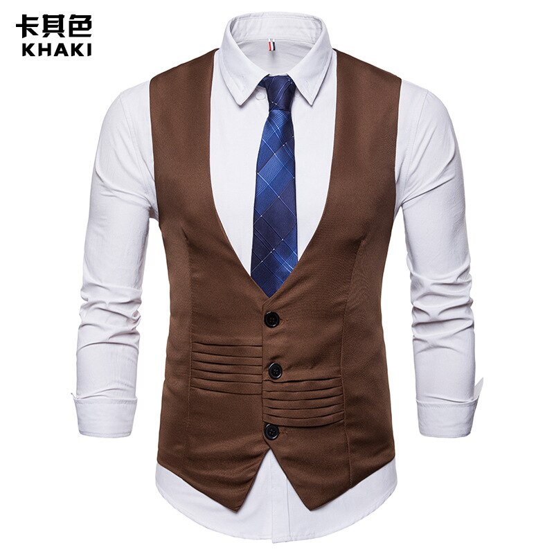 Männer formell Geschäft Kleid Anzug Weste Neue schlank passen Singel gebrüstet ärmellos Weste Männer Gilet Colete Masculino: khaki / S