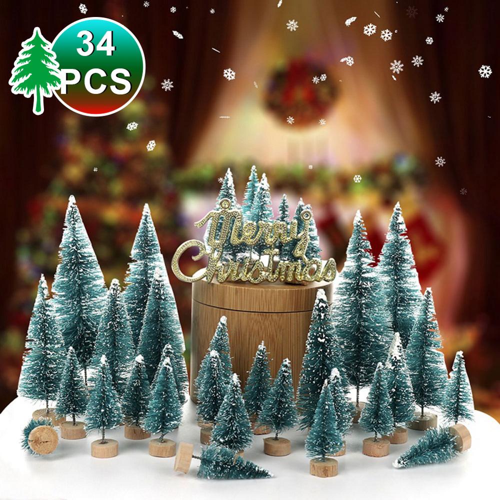 34pcs DIY Mini Christmas Tree Snow Frost Small Pine Tree Craft Desktop Decoration Christmas Tree Ornaments
