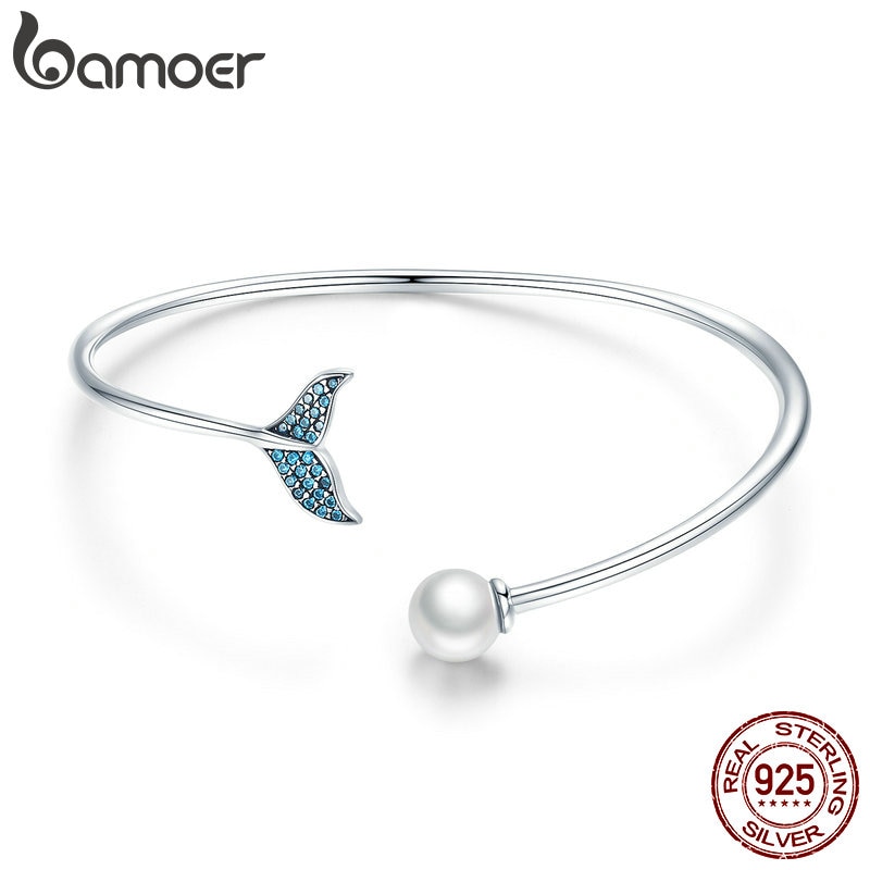 BAMOER 925 Sterling Silver Mermaid&#39;s Tail Open Cuff Women Bracelets &amp; Bangles Sterling Silver Jewelry SCB123