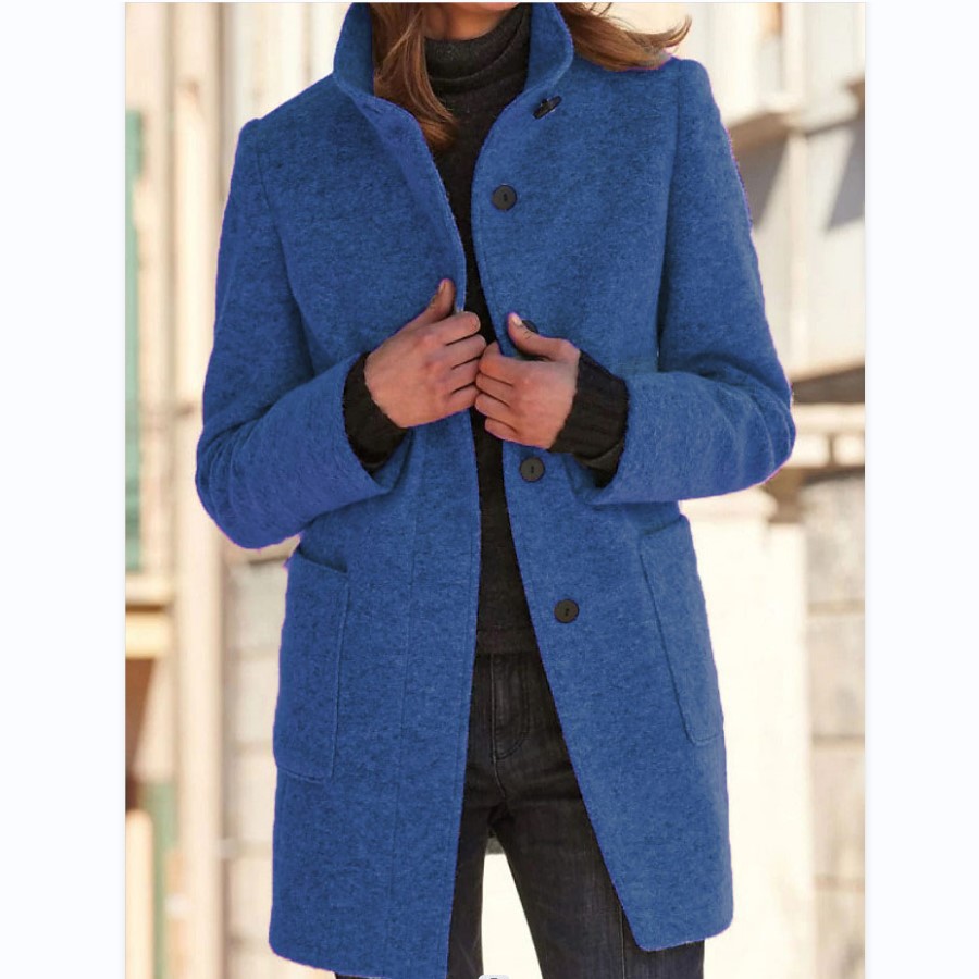 Retro wollen jas met knoopsluiting en opstaande kraag voor dames, perfect voor de herfst en winter.: Ik / Blauw