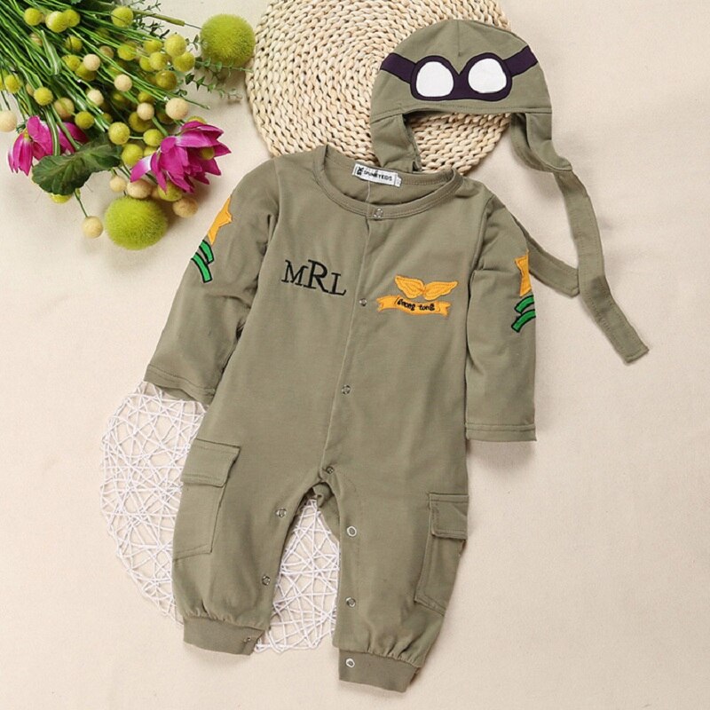 Flieger Baby Rompers + Kappe Jungen Kleidung neugeboren Overall Kleinkind Kleidung Insgesamt Bebe Roupas Pilot Kostümich Grün Outfits Spitzen