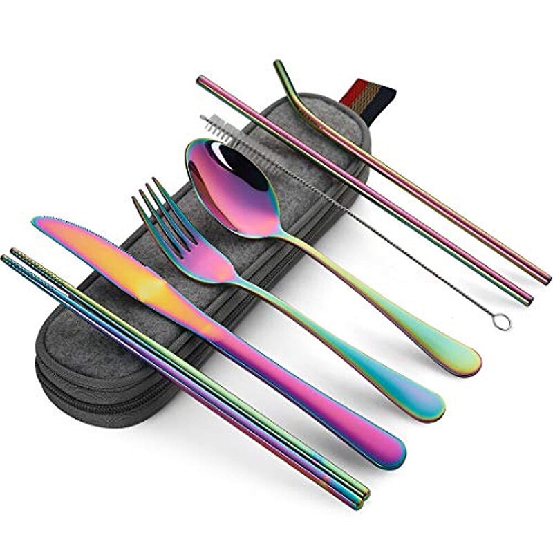 Stainless Steel knife and fork spoon chopsticks combination set Chinese Chop Stick Tableware Kitchen Tools Reusable: Magic color