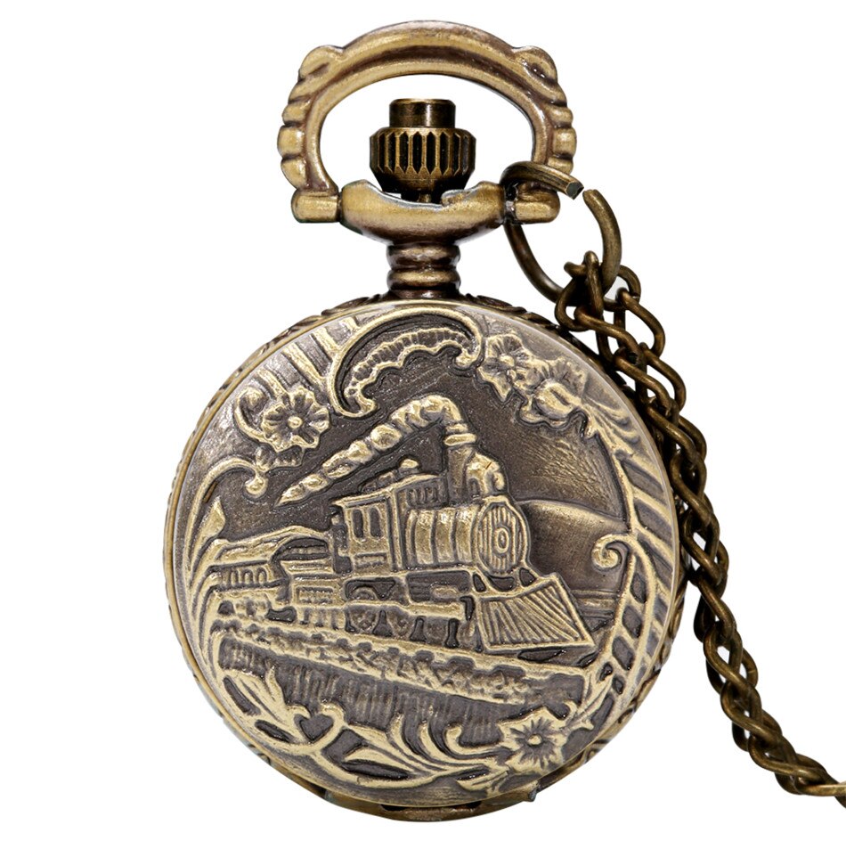 Small Dial Vintage Train Locomotive Pattern Quartz Necklace Pendant Pocket Watch Training Watch
