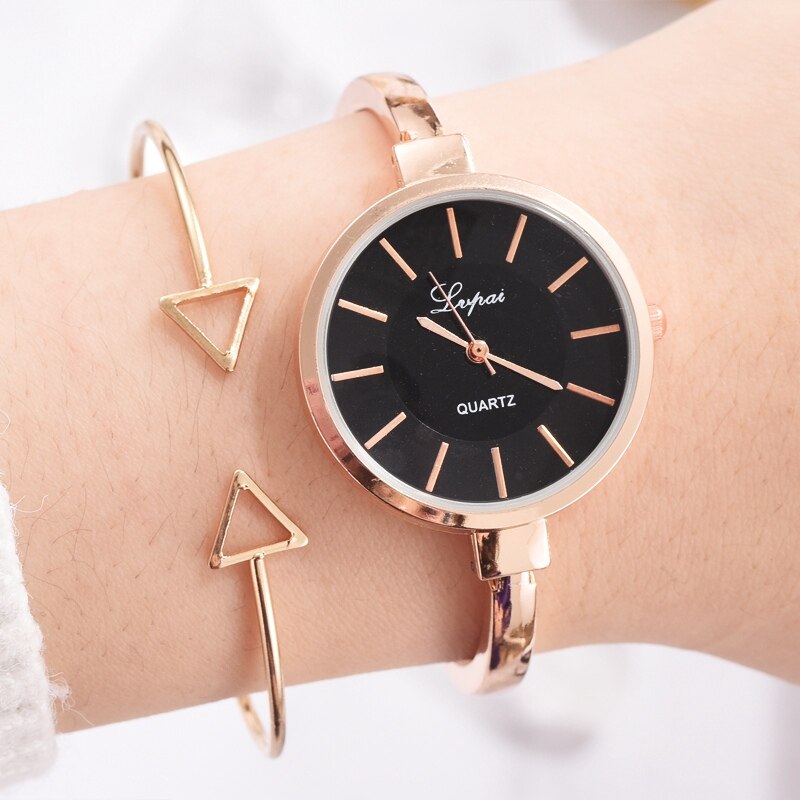 Lvpai Brand Watch Women Big Scale Bracelet Watches Set Thin Style Fine Strap Quartz Gold Wristwatch Relojes De Mujer: Rose Gold Black