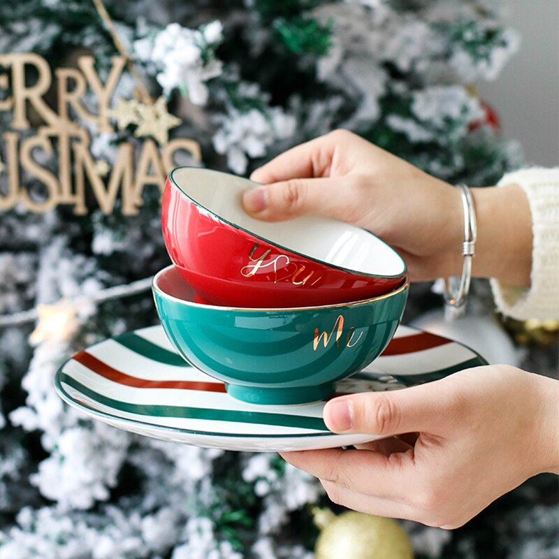 Tasse à café cuillère fourchette couteau | Vaisselle en céramique nordique, bol de vaisselle plaqué or ensembles de plats et d'assiettes, décorations de noël pour la maison