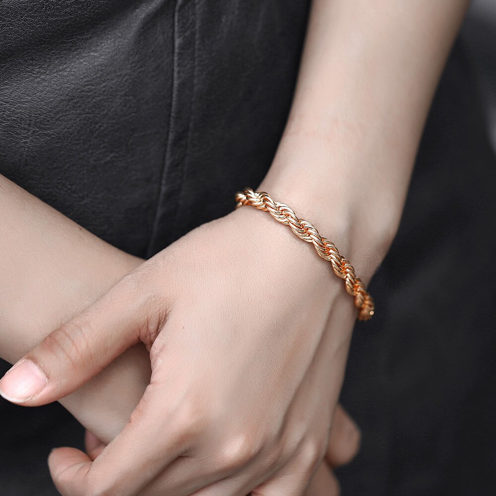 5/6mm 585 Rose Gold Twisted Rope Link Chain Bracelet for Women Men Party Wedding Jewelry Female Accessories 20cm DCB47