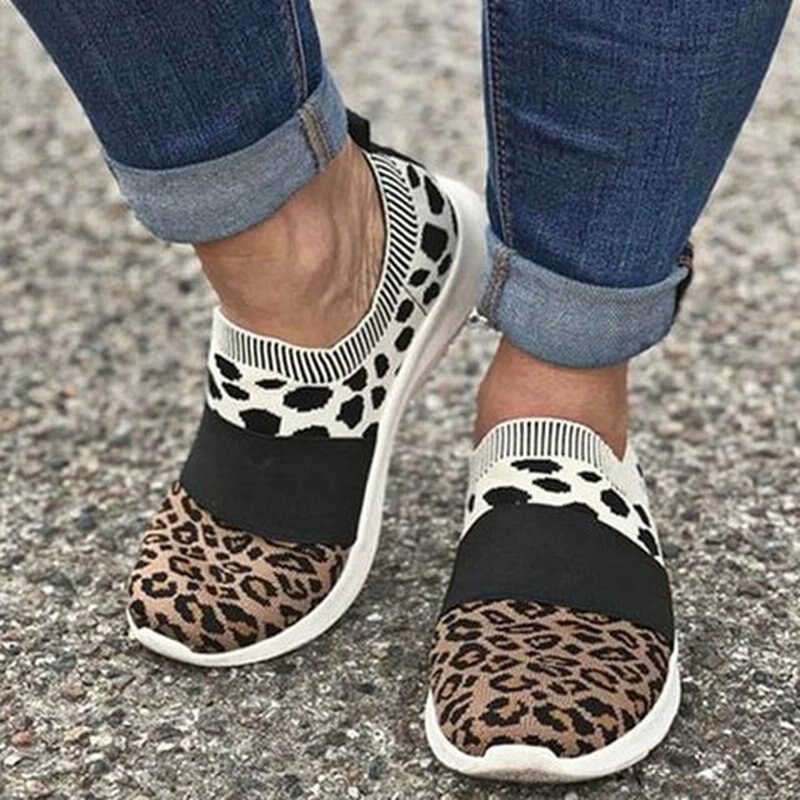 Vulkaniserede sko kvinder flade sko slip on loafers åndbar kvinde leopard mix farvet efterår kvindelige fritidssko plus str.