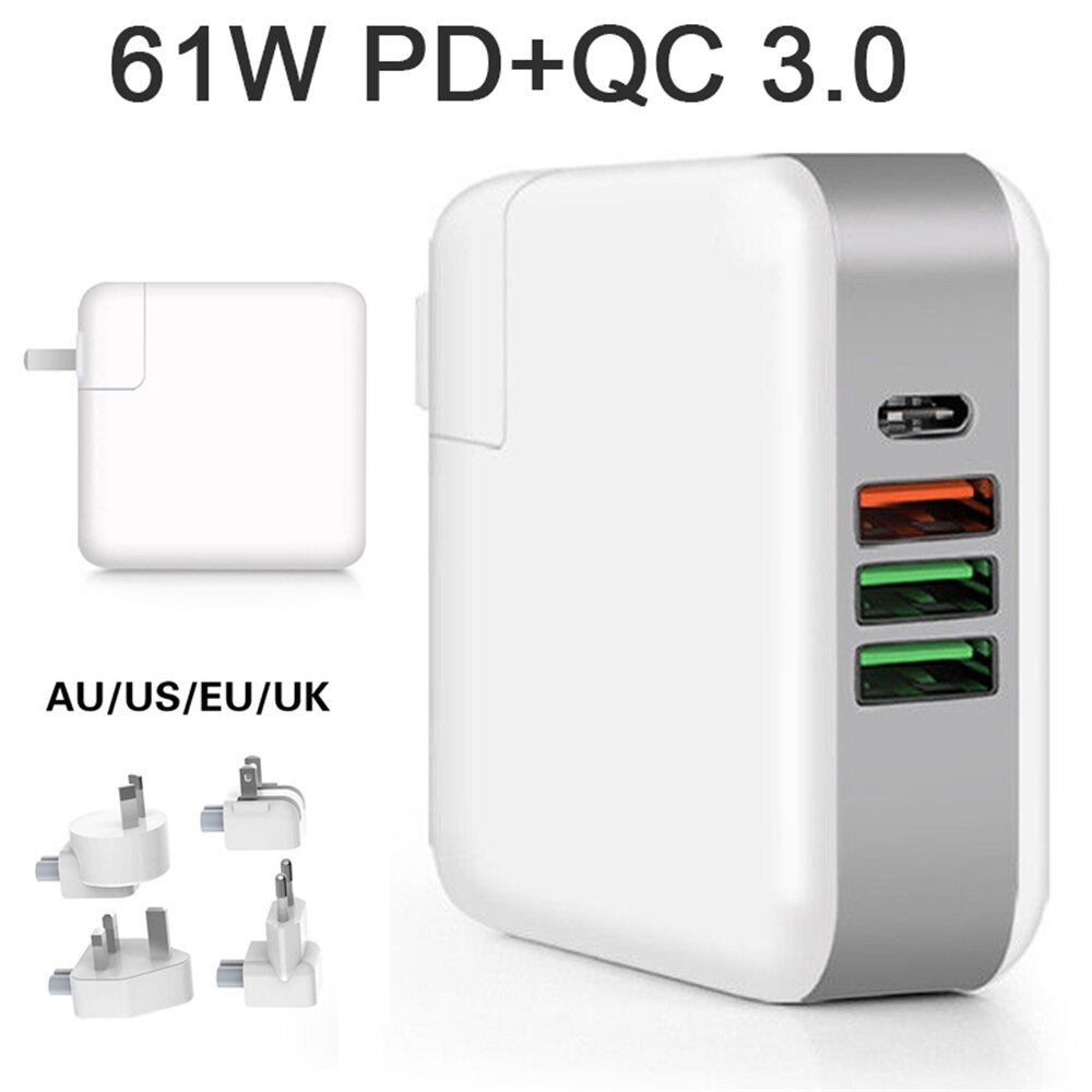 3-Port USB Wall Charger - QC 3.0 PD Fast Charge - 100-240V Power Adapter for iPhone, iPad