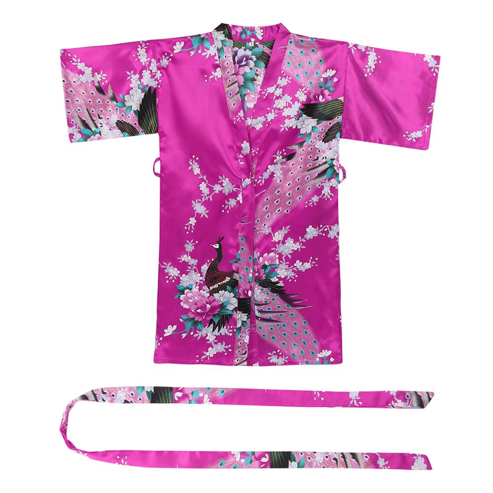Blomma&påfågel kimono badrock barn flickor siden satin mjuk sovkläder sexig mini brud brudtärna bröllopsrock morgonrock