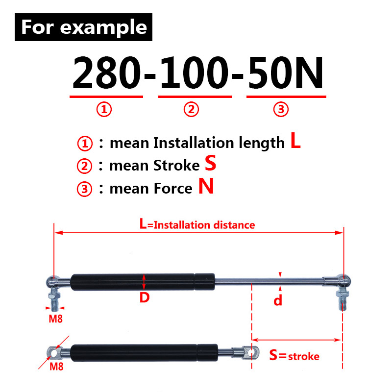 18*8 Rod Gas Spring folding hinge 50N-500N/5kg-50kg Force lift support Hole Center Distance 280mm stroke distance 100mm