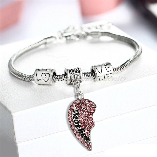 2PC Clear Color Red Pink Blue Crystal Rhinestone Heart Mother Daughter Bangle Bracelets Mom Mommy Girls Women Family Party: Pink Mother