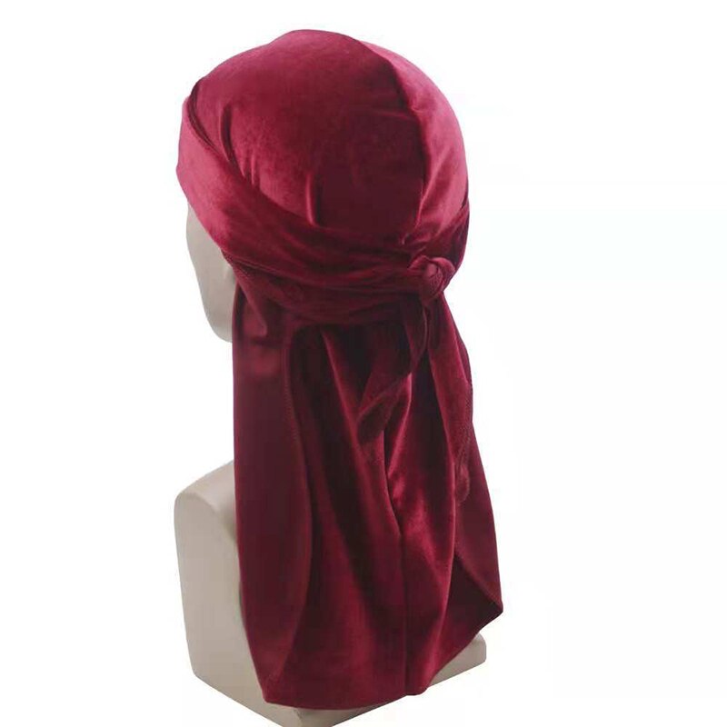 Mannen Fluwelen Lange Staart Durag Hip Hop Tulband Ademend Bandana Hoed Fluwelen Zijdeachtig Satijn Durag Doen Doo Du Rag Lange staart Headwrap: Wine Red