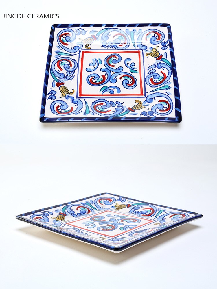 Square hand painted flower ceramic plate fruit salad plate dessert steak japanese cuisine kitchen storage decorative tableware