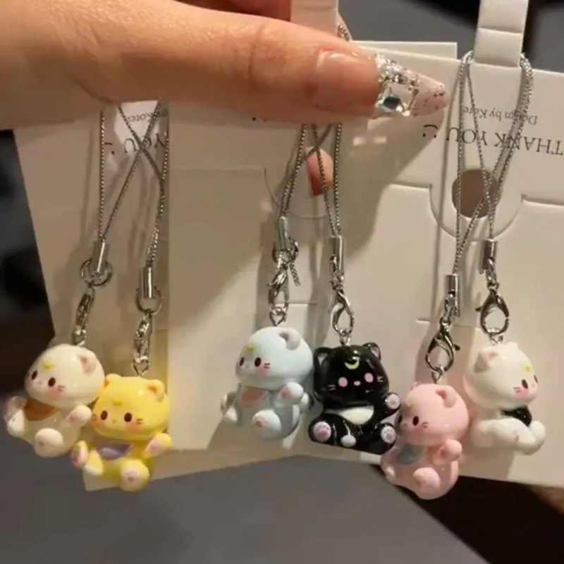 6PCS Kawaii Cartoon Kat Telefoonketting Hars Sleutelhanger Tas Hanger Mode Leuke Sleutelhanger Paar Vrouwen voor Sieraden Sleutelhangers