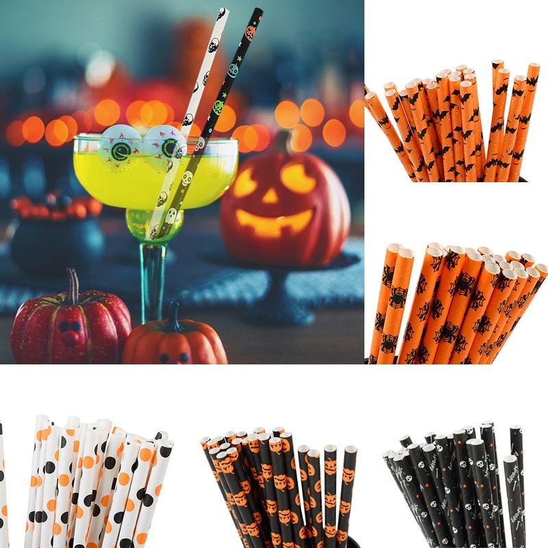 25 st halloween fest dekor papper sugrör dödskalle pumpa fladdermus spöke sugrör festival fest bar tillbehör barn porslin