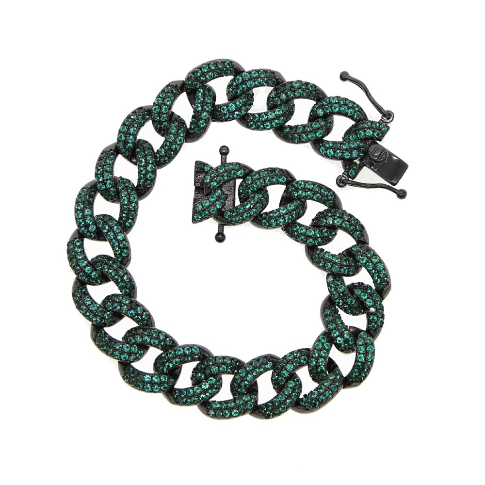 Micro pavé bling 5A zircon cubique cz hip hop glacé bling cubain lien chaîne bracelet pour femmes bijoux de charme: green cz / 17.5 cm