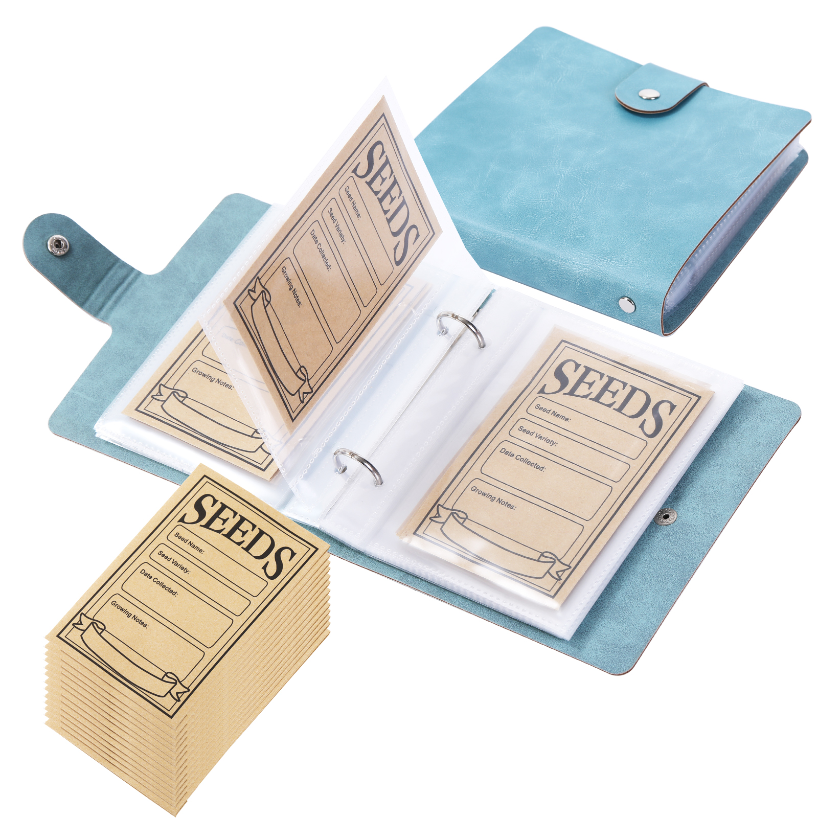 1 Juego de organizadores de almacenamiento de semillas de jardín, carpeta organizadora de semillas con 50 Uds. Sobres de semillas autosellados, organizador de paquetes de semillas, semillas: Azul cielo