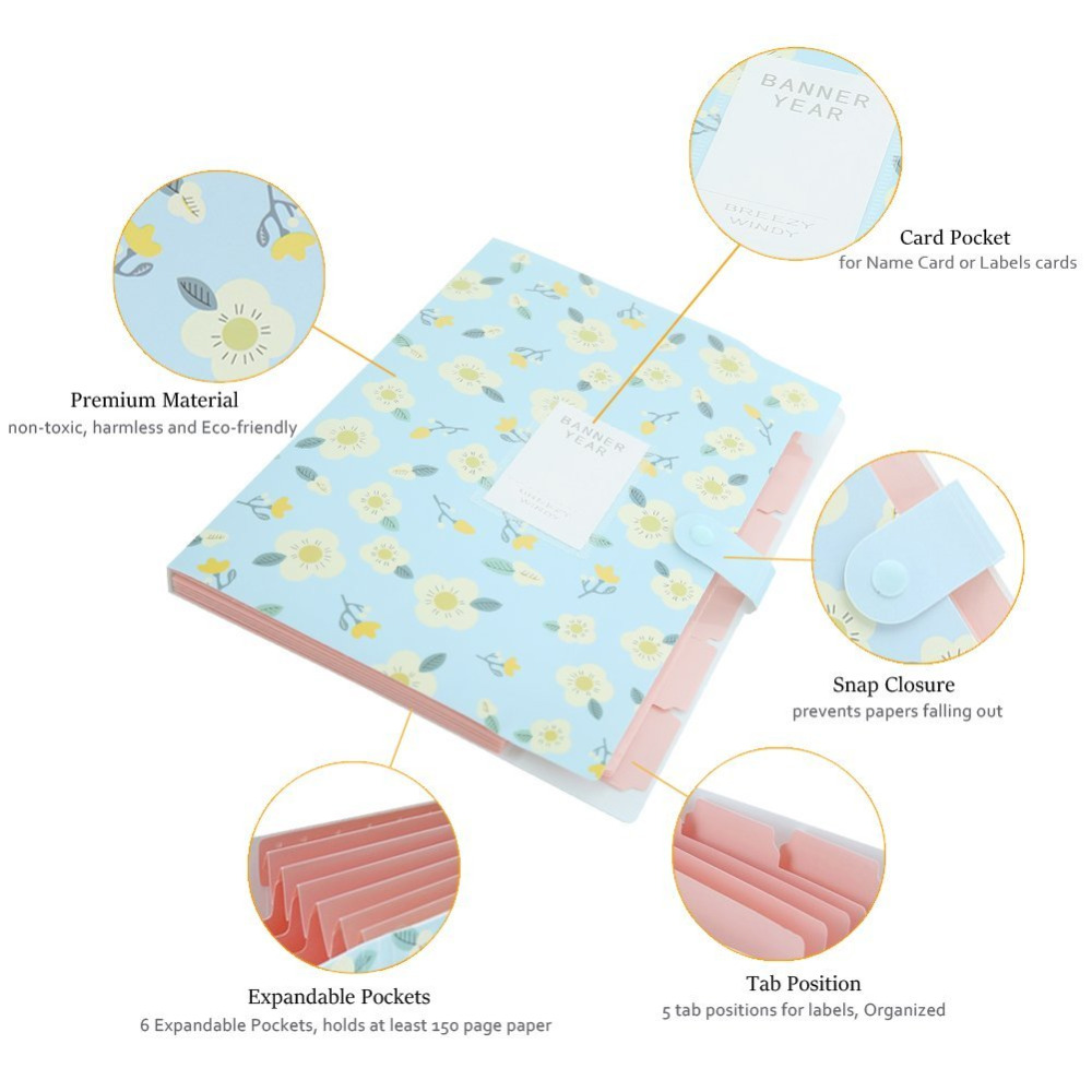 Floral Printed Accordion Document File Folder Expanding Letter Organizer (Blue)