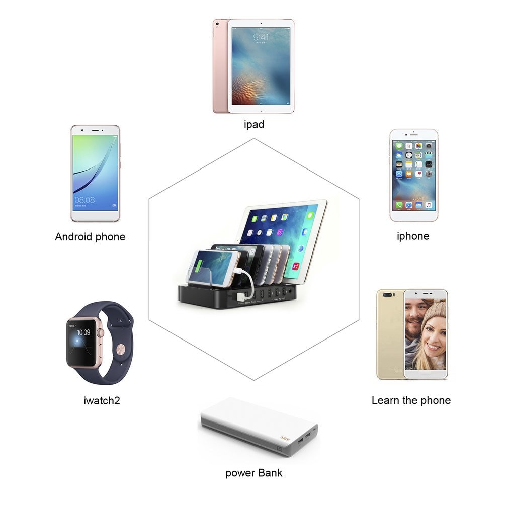 S760 Universal 7-Port USB Charging Station USB Charger Charging Dock With 60W Power Adapter for Tablets Smartphones