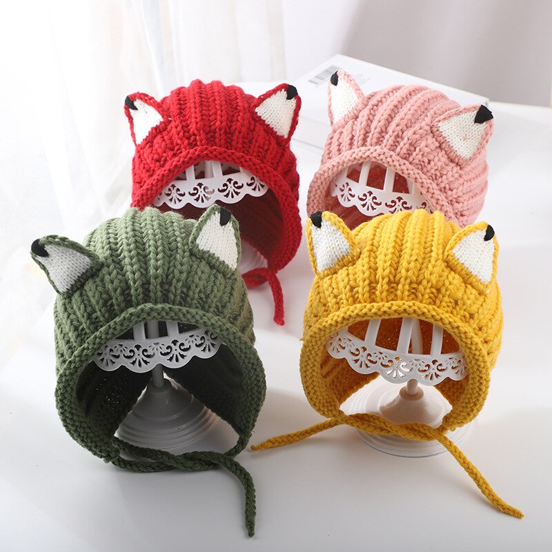 Cartoon Oren Baby Hoed Cap Winter Warm Gebreide Baby Jongens Meisjes Hoed Met Vetersluiting Kids Hoed Motorkap Kinderen Caps Beanie