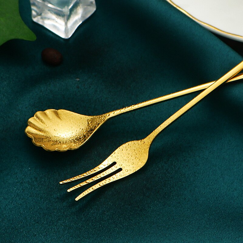 6pcs Shell Shape Spoon Fork Set Gold Stainless Steel Luxury Dinnerware Cake Afternoon Tea Dessert Tableware Silverware Kitchen