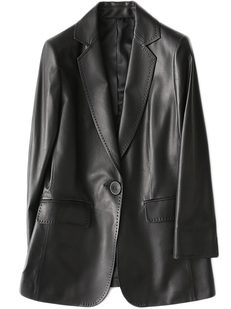 Nerazzurri Black pu leather blazer women long sleeve single button Plus size outerwear Spring leather jacket Women