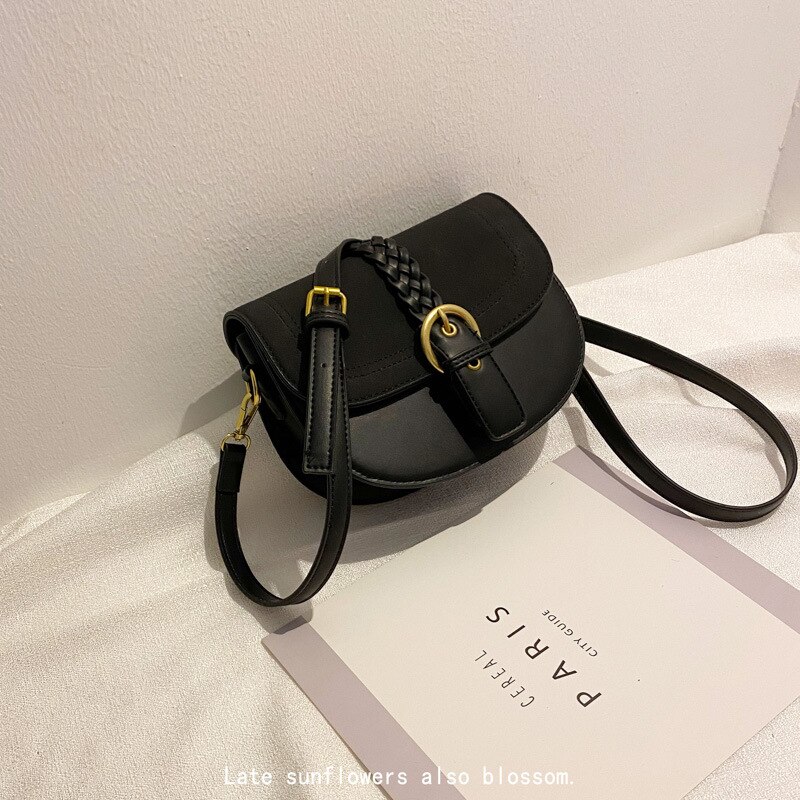 Small bag women's autumn / winter frosted messenger bag net red retro semicircle saddle bag: Black