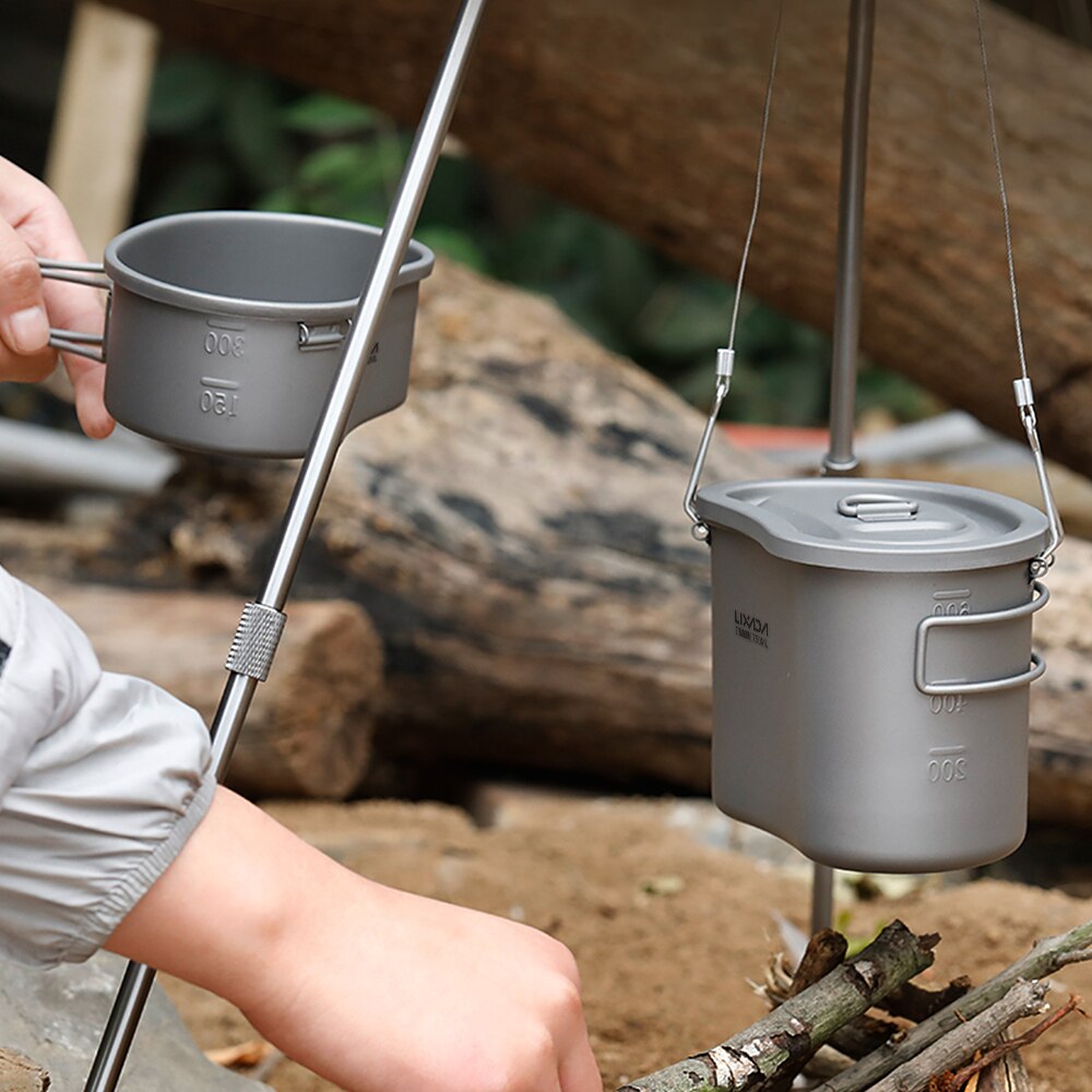 Lixada Outdoor Camping Titanium Canteen Set 380ml 750ml Hanging Pot Outdoor Cutlery Camping Canteen Home Picnic Backpacking